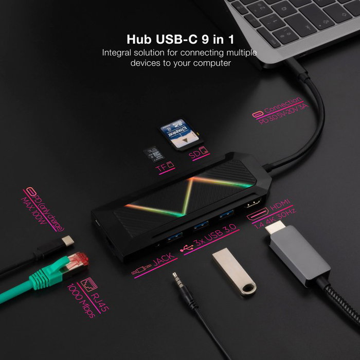 Nanocable Hub USB-C 9 en 1 3.0: 3 USB-A, USB-C PD, HDMI, RJ45, Audio 3.5mm, Lector SD/TF